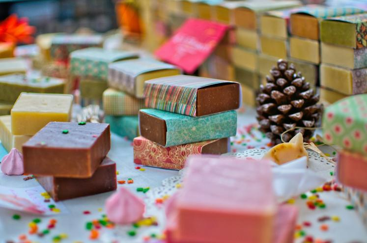 Col또는ful handmade soap bars stacked