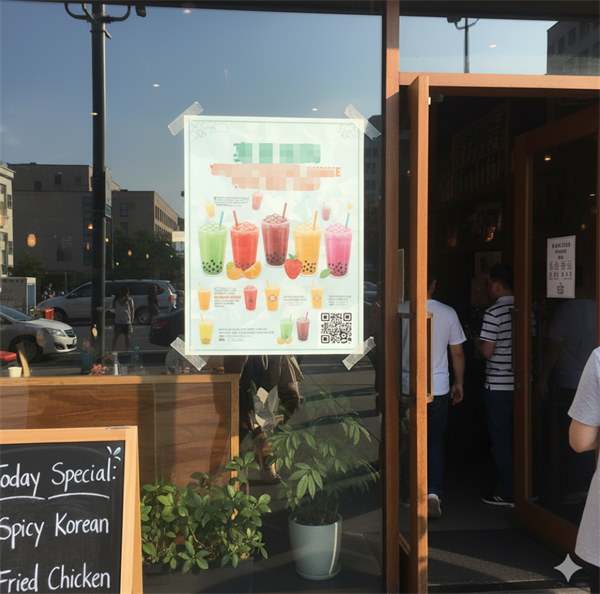 qr code on a promotional poster at the store entrance 상점 입구에 있는 프로모션 포스터에 있는 QR 코드