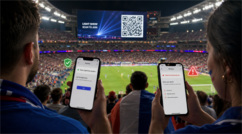 scan qr code at a world cup match 월드컵 경기에서 QR 코드 스캔